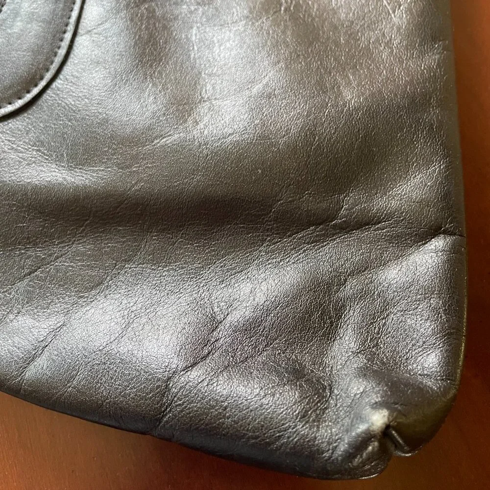 Vintage Black Genuine Leather Double Hinged Clutch with Cut Out Handle